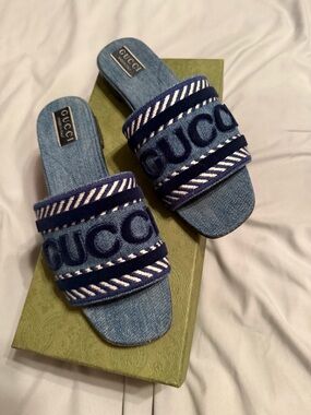 Gucci Denim Slide Sandals in Light Blue and Navy